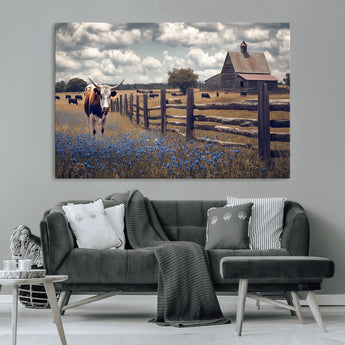 22296025-MGV-CV-36X24-Texas Longhorn Canvas Wall Art Canvas Print, Framed Rustic Barn Wall Art Art Picture Print, Farmhouse Cow Decor Perfect Rustic