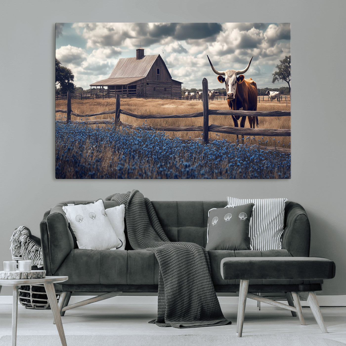 51092814-MGV-CV-36X24-Texas Longhorn Wall Art Wall Art Canvas Print, Framed Rustic Barn Canvas Art Picture Print, Farmhouse Cow Decor Perfect Rustic