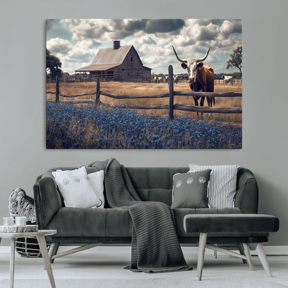 51092814-MGV-CV-36X24-Texas Longhorn Wall Art Wall Art Canvas Print, Framed Rustic Barn Canvas Art Picture Print, Farmhouse Cow Decor Perfect Rustic