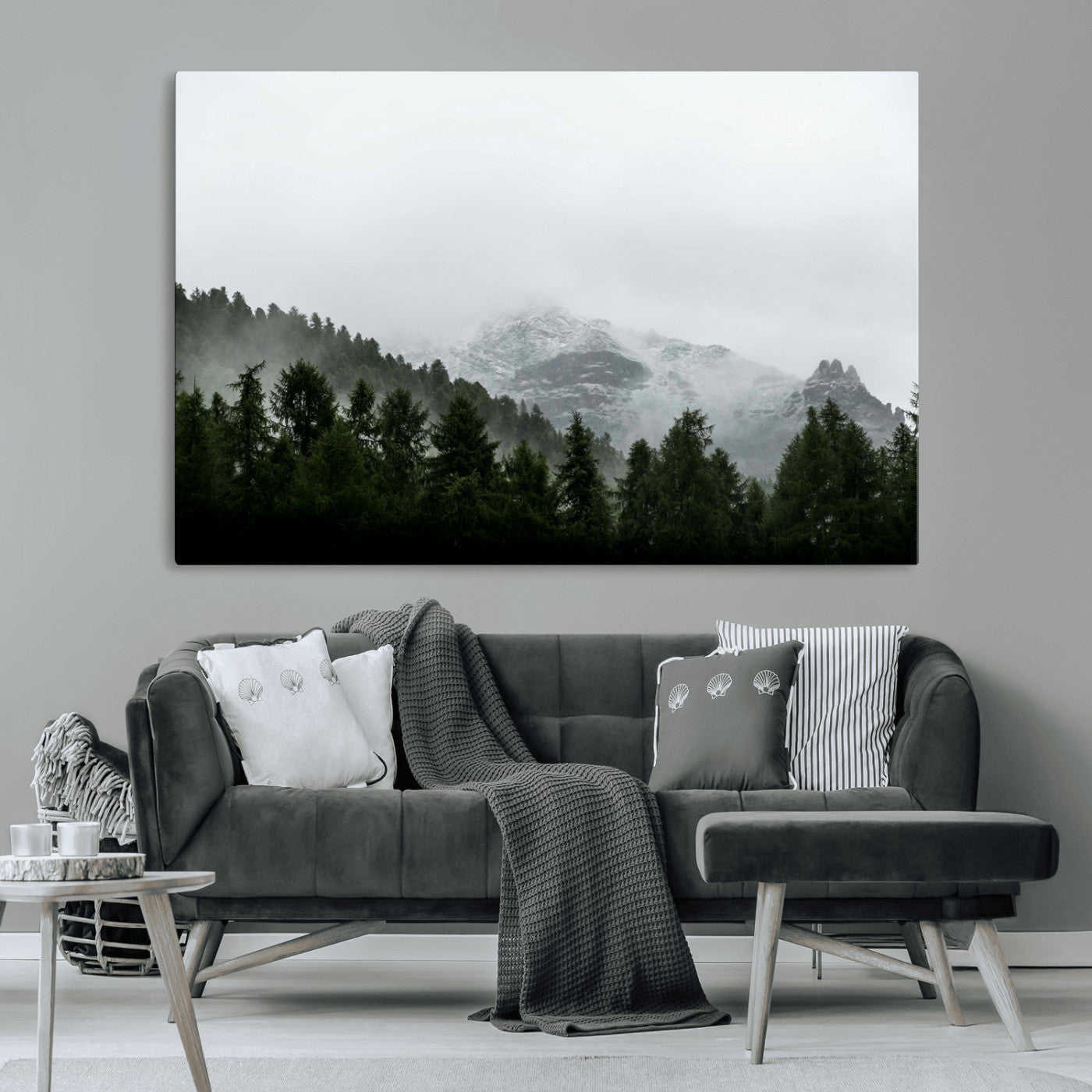 55968349-MGV-CV-36X24-Misty Mountains Wall Art Canvas Print, Framed Foggy Forest Art Picture Print, Snowy Peaks Perfect Moody Wilderness Decor Artwork