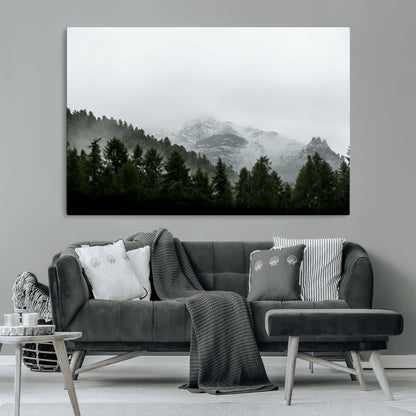 55968349-MGV-CV-36X24-Misty Mountains Wall Art Canvas Print, Framed Foggy Forest Art Picture Print, Snowy Peaks Perfect Moody Wilderness Decor Artwork