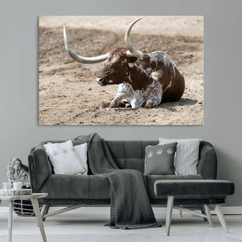 76549210-MGV-CV-36X24-Texas Longhorn Wall Art Canvas Print, Framed Country Living Art Picture Print, Farmhouse Aesthetic Perfect Western Rustic Decor