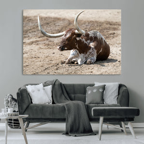 76549210-MGV-CV-36X24-Texas Longhorn Wall Art Canvas Print, Framed Country Living Art Picture Print, Farmhouse Aesthetic Perfect Western Rustic Decor