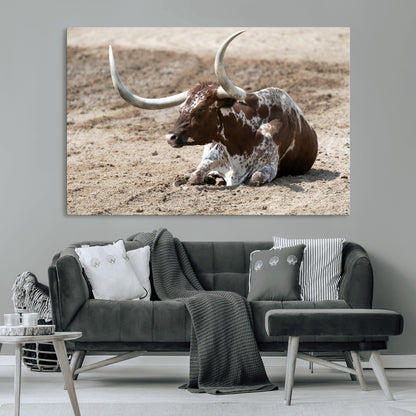 76549210-MGV-CV-36X24-Texas Longhorn Wall Art Canvas Print, Framed Country Living Art Picture Print, Farmhouse Aesthetic Perfect Western Rustic Decor