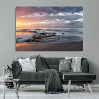 94208089-MGV-CV-36X24-Golden Hour Wall Art Canvas Print, Framed Tranquil Waves Art Picture Print, Beach Horizon Perfect Coastal Serenity Decor Artwork