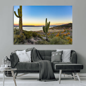 52844711-MGV-CV-36X24-Saguaro Cactus Wall Art Canvas Print, Framed Desert Sunset Art Picture Print, Southwestern Scene Perfect Southwestern Rustic Decor