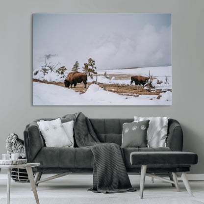 60308289-MGV-CV-36X24-Bison Wildlife Wall Art Canvas Print, Framed Snowy Prairie Art Picture Print, Western Landscape Perfect Rustic Winter Decor