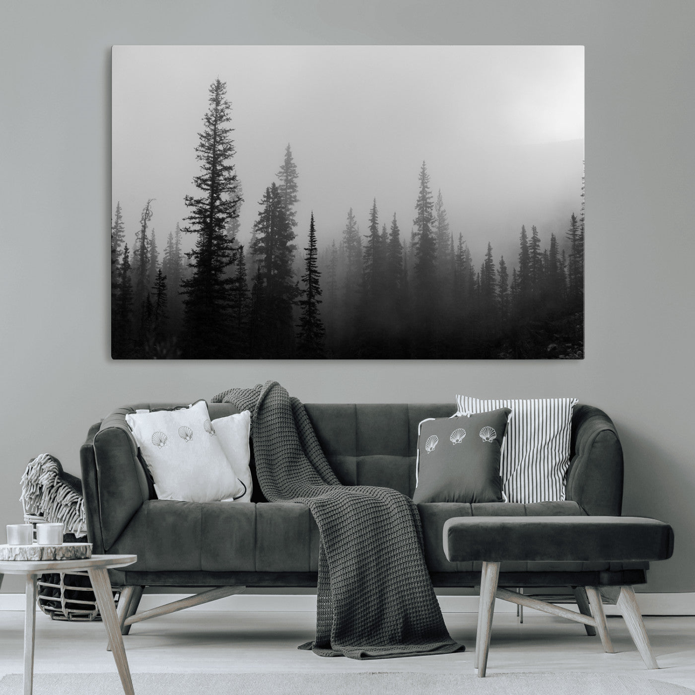 73138900-MGV-CV-36X24-Misty Pines Wall Art Canvas Print, Framed Woodland Photography Art Picture Print, Minimalist Decor Perfect Modern Rustic Decor