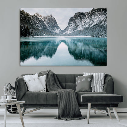 73098373-MGV-CV-36X24-Mountain Lake Wall Art Canvas Print, Framed Winter Wonderland Art Picture Print, Snowy Peaks Perfect Modern Nature Decor Artwork