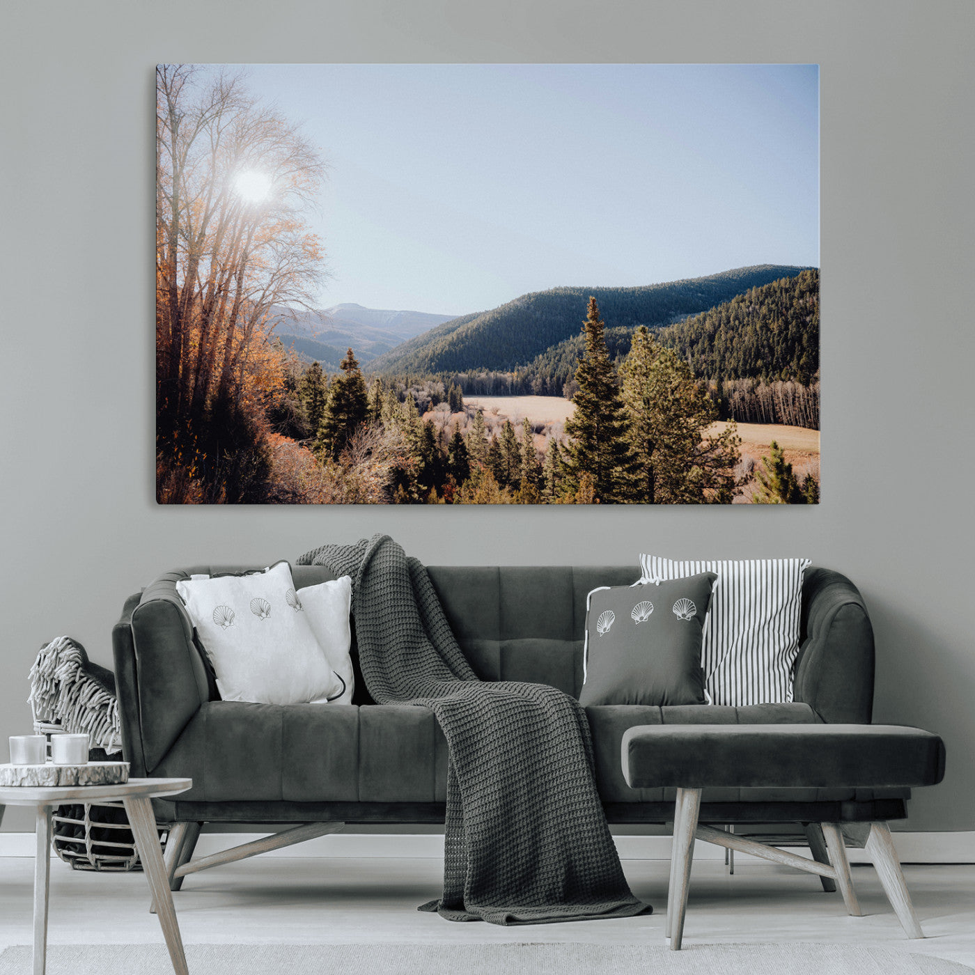 52941305-MGV-CV-36X24-Rustic Landscape Wall Art Canvas Print, Framed Serene Valley Art Picture Print, Pine Tree Horizon Perfect Rustic Cabin Decor