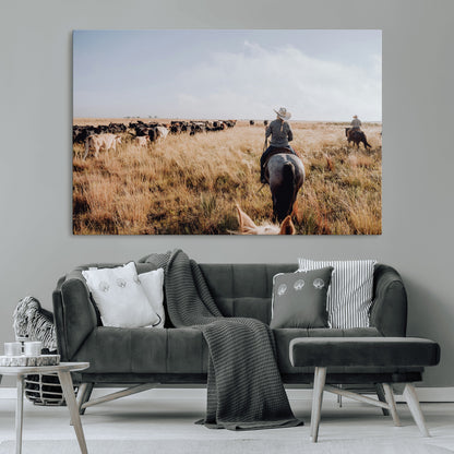 22431577-MGV-CV-36X24-Western Wall Art Wall Art Canvas Print, Framed Cowboy Canvas Art Picture Print, Cattle Drive Scene Perfect Rustic Western Decor