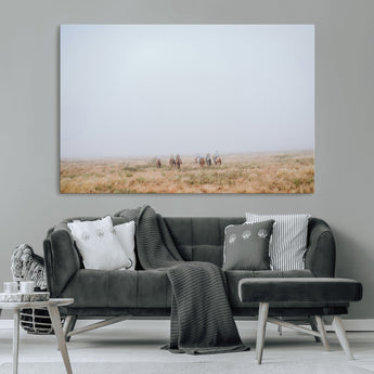 14761944-MGV-CV-36X24-Foggy Plains Wall Art Canvas Print, Framed Horseback Riders Art Picture Print, Rustic Western Perfect Rustic Western Decor Artwork