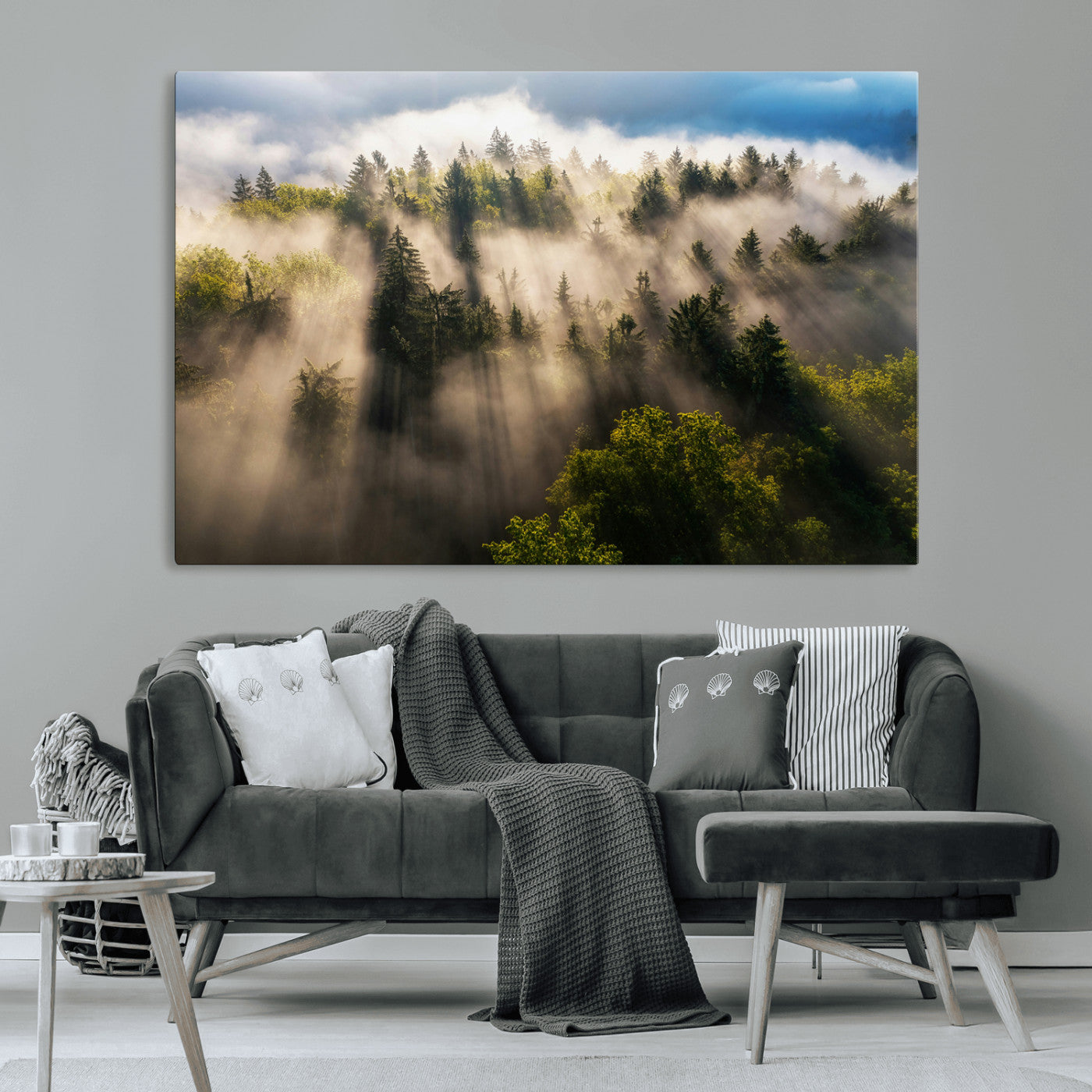 14785710-MGV-CV-36X24-Tranquil Forest Scene Wall Art Canvas Print, Framed Sunbeam Through Trees Art Picture Print, Moody Green Wall Art Perfect