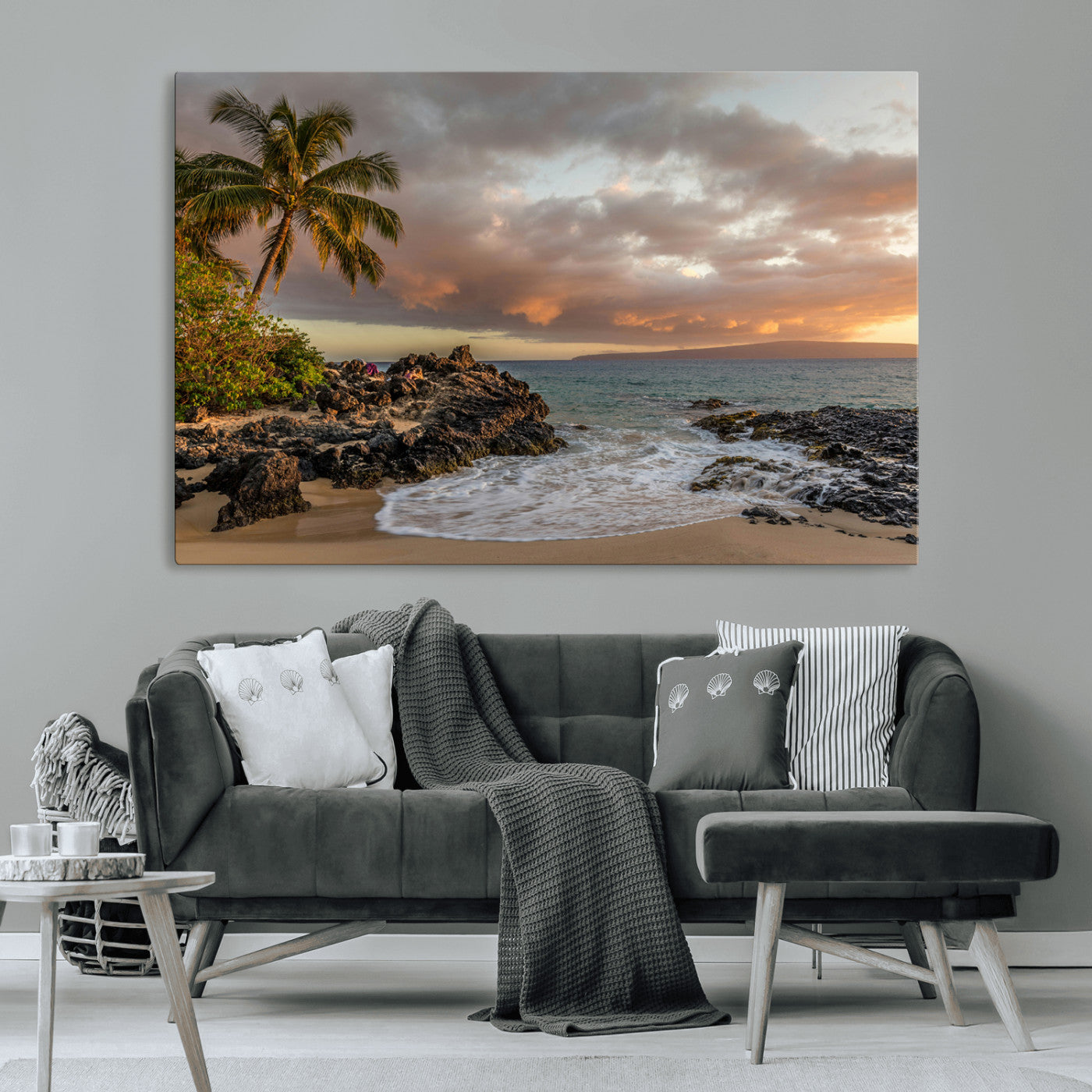 55108220-MGV-CV-36X24-Tropical Beach Wall Art Canvas Print, Framed Hawaiian Sunset Art Picture Print, Ocean Waves Perfect Coastal Tropical Decor Artwork