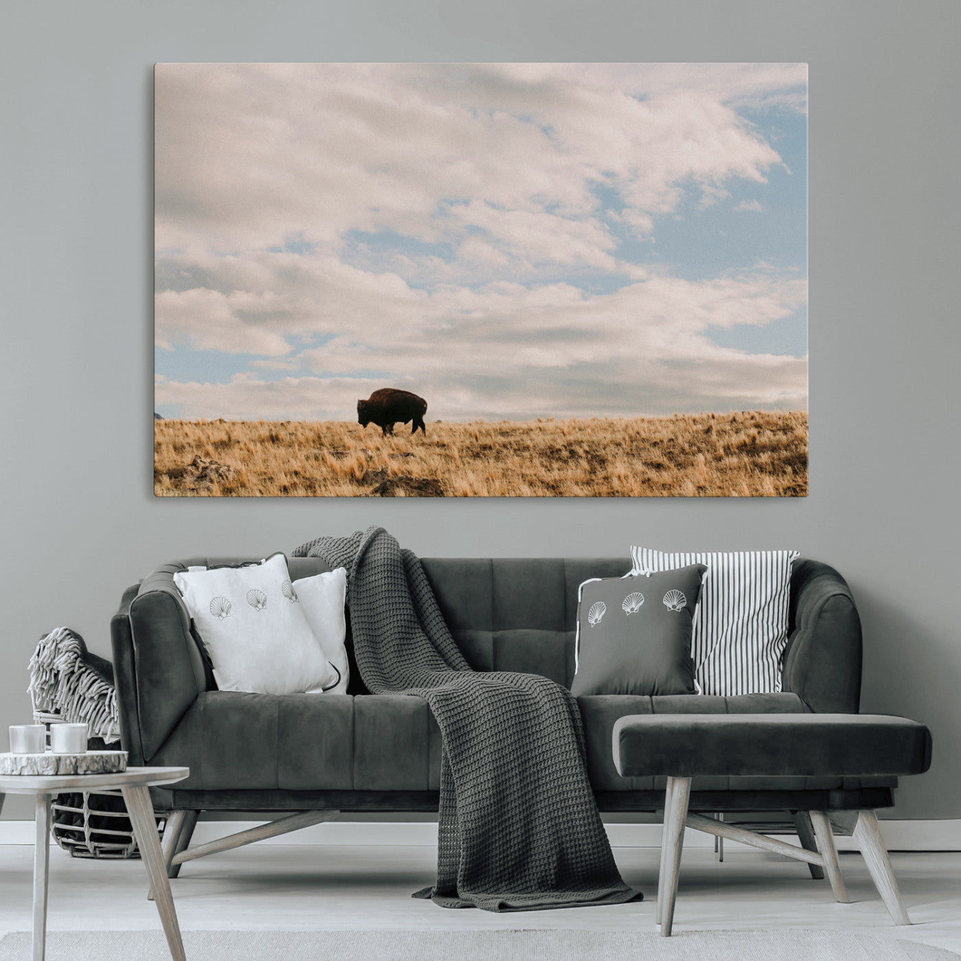 22754563-MGV-CV-36X24-Earthy Tones Wall Art Canvas Print, Framed Rustic Nature Art Picture Print, Solitary Buffalo Perfect Western Minimalist Decor