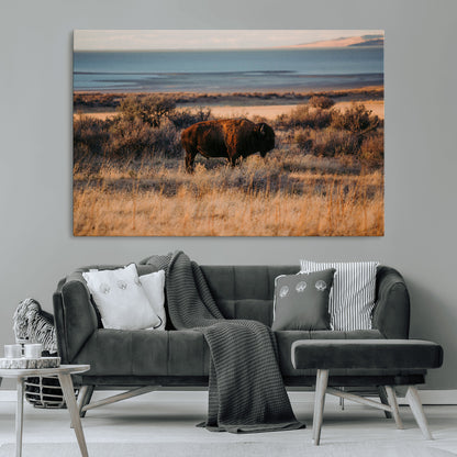 39509187-MGV-CV-36X24-Western Wildlife Wall Art Canvas Print, Framed Bison Art Picture Print, Golden Hour Perfect Western Rustic Decor Artwork