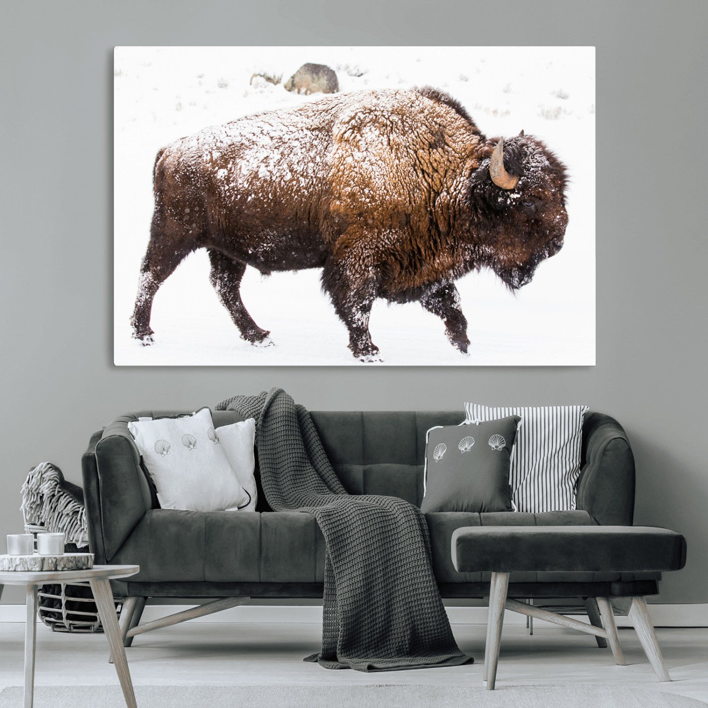94261165-MGV-CV-36X24-Snowy Buffalo Wall Art Canvas Print, Framed Wildlife Photography Art Picture Print, Brown Tones Perfect Rustic Lodge Decor Decor