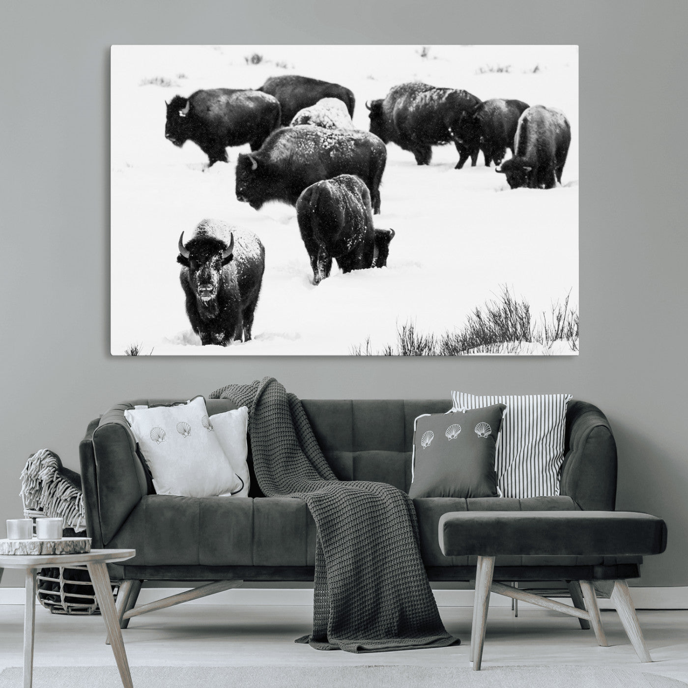 18914414-MGV-CV-36X24-Buffalo Herd Wall Art Canvas Print, Framed Black and White Art Picture Print, Snowy Landscape Perfect Rustic Lodge Decor Decor