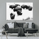 18914414-MGV-CV-36X24-Buffalo Herd Wall Art Canvas Print, Framed Black and White Art Picture Print, Snowy Landscape Perfect Rustic Lodge Decor Decor