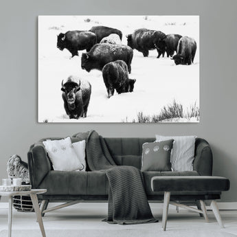 18914414-MGV-CV-36X24-Buffalo Herd Wall Art Canvas Print, Framed Black and White Art Picture Print, Snowy Landscape Perfect Rustic Lodge Decor Decor
