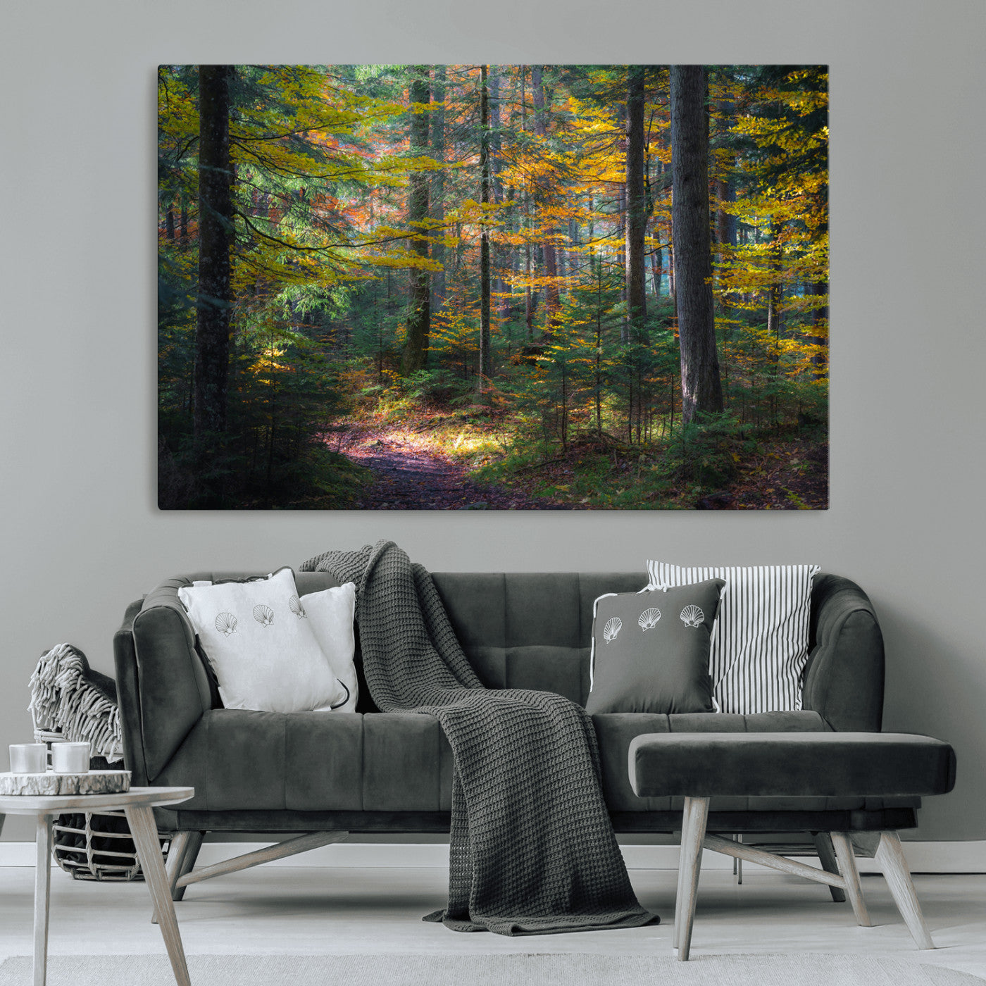 65810864-MGV-CV-36X24-Autumn Forest Wall Art Canvas Print, Framed Fall Woodland Art Picture Print, Golden Leaves Perfect Rustic Farmhouse Decor Artwork