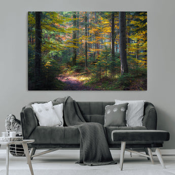 65810864-MGV-CV-36X24-Autumn Forest Wall Art Canvas Print, Framed Fall Woodland Art Picture Print, Golden Leaves Perfect Rustic Farmhouse Decor Artwork