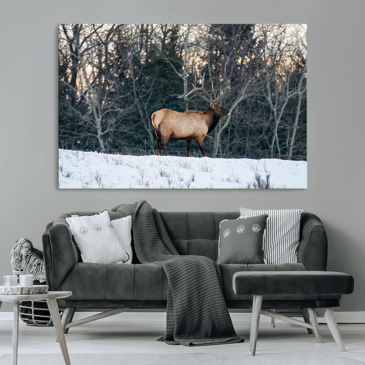 36533178-MGV-CV-36X24-Wild Elk Photography Wall Art Canvas Print, Framed Winter Wildlife Art Picture Print, Snowy Forest Perfect Rustic Lodge Decor