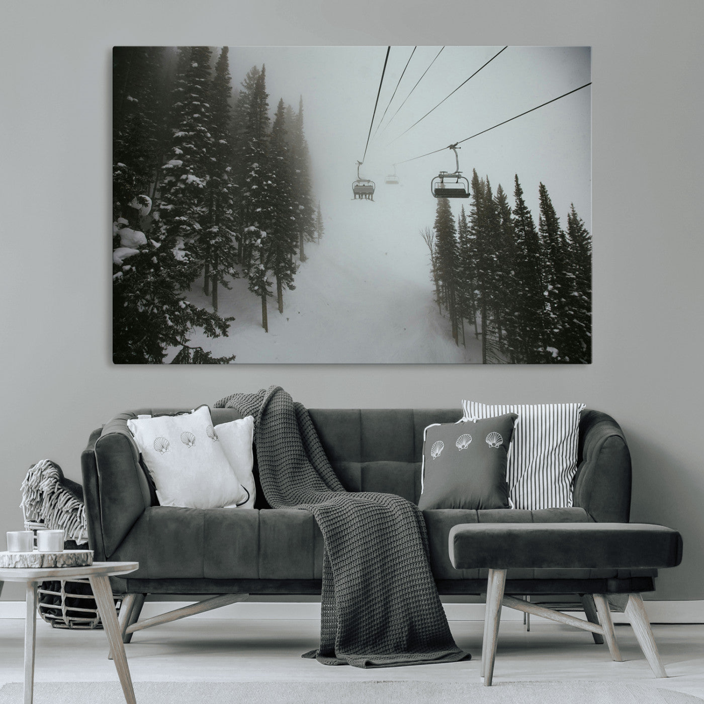 87018452-MGV-CV-36X24-Ski Lift Wall Art Canvas Print, Framed Snowy Pines Art Picture Print, Misty Landscape Perfect Winter Serenity Decor Artwork