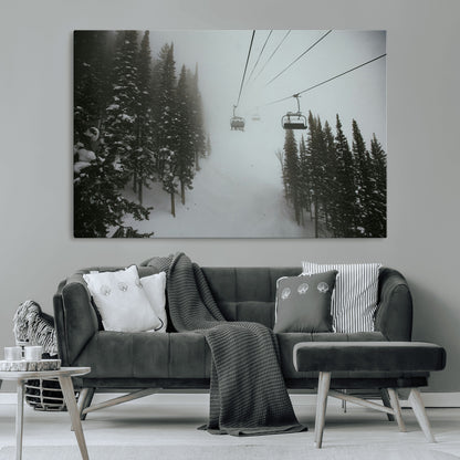 87018452-MGV-CV-36X24-Ski Lift Wall Art Canvas Print, Framed Snowy Pines Art Picture Print, Misty Landscape Perfect Winter Serenity Decor Artwork