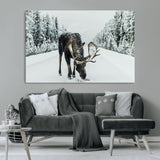 13316292-MGV-CV-36X24-Moose in Snow Wall Art Canvas Print, Framed Winter Wildlife Art Picture Print, Snowy Forest Scene Perfect Rustic Lodge Decor
