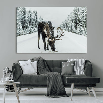 13316292-MGV-CV-36X24-Moose in Snow Wall Art Canvas Print, Framed Winter Wildlife Art Picture Print, Snowy Forest Scene Perfect Rustic Lodge Decor