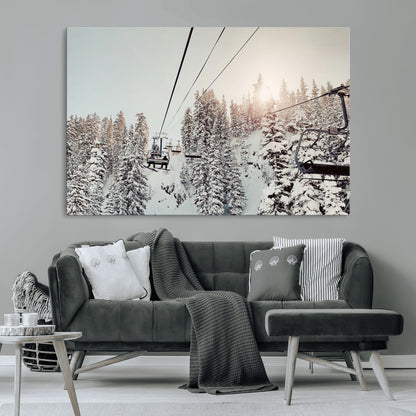 91534512-MGV-CV-36X24-Frosty Pines Wall Art Canvas Print, Framed Cozy Cabin View Art Picture Print, Ski Lift Ride Perfect Rustic Lodge Decor Artwork