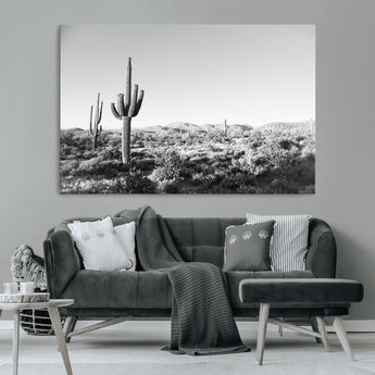 85205054-MGV-CV-36X24-Saguaro Cactus Wall Art Canvas Print, Framed Monochrome Landscape Art Picture Print, Scenic Arizona View Perfect Minimalist
