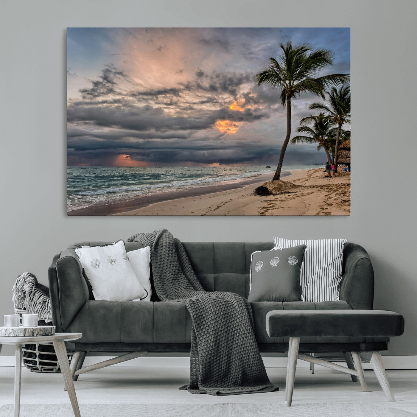 62574547-MGV-CV-36X24-Tropical Storm Wall Art Canvas Print, Framed Moody Beach Art Picture Print, Dramatic Sky Perfect Tropical Coastal Decor Artwork
