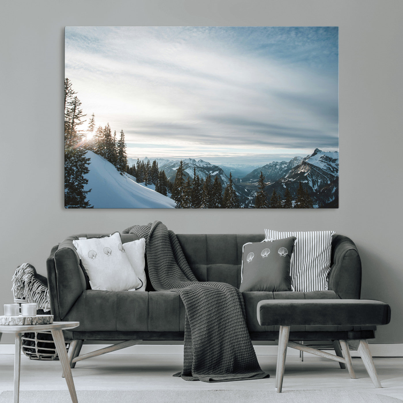55564749-MGV-CV-36X24-Snowy Mountains Wall Art Canvas Print, Framed Alpine Landscape Art Picture Print, Frosty Peaks Perfect Nordic Minimalist Decor