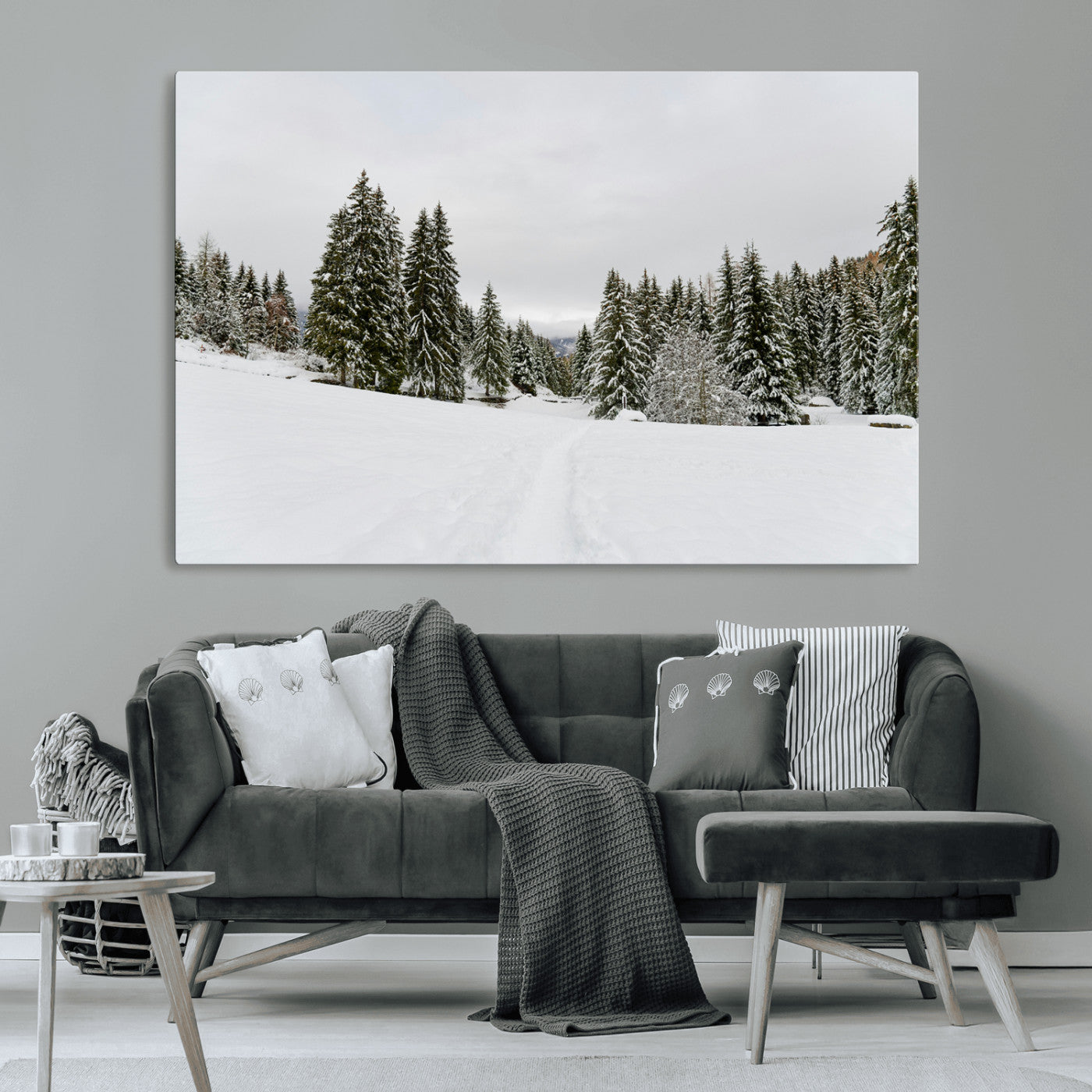 24581417-MGV-CV-36X24-Frosty Pines Wall Art Canvas Print, Framed Silent Snowfall Art Picture Print, Cozy Cabin Vibes Perfect Nordic Minimalist Decor
