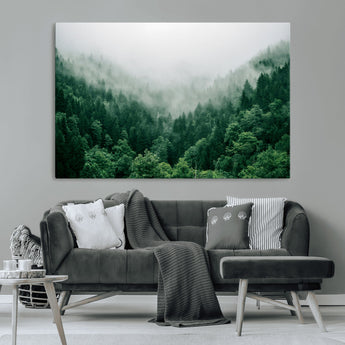 45265379-MGV-CV-36X24-Misty Forest Wall Art – Green Mountain Pine Tree Landscape Canvas Print, Nature Photography Artwork Home Decor for Bedroom, Living