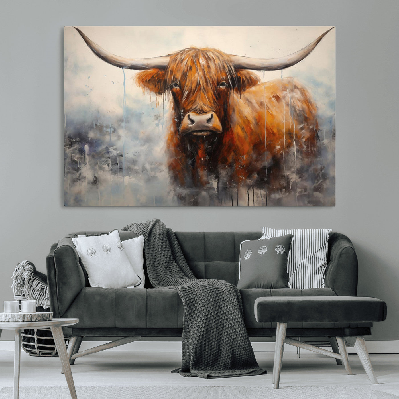 X61001-MGV-CV-36X24-Scottish Highland Wall Art Canvas Print, Framed Longhorn Art Picture Print, Western Cow Perfect Farmhouse Decor Artwork