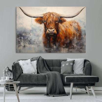 X61001-MGV-CV-36X24-Scottish Highland Wall Art Canvas Print, Framed Longhorn Art Picture Print, Western Cow Perfect Farmhouse Decor Artwork