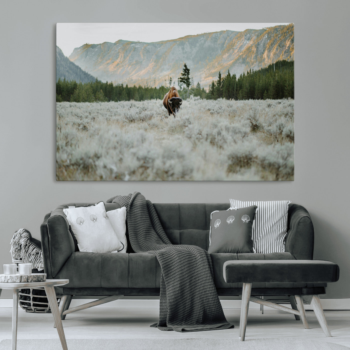 41674074-MGV-CV-36X24-Bison Wall Art – American Buffalo Wildlife Photography Canvas Print, Western Mountain Landscape Artwork Rustic Nature Decor for