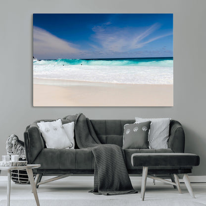 55017356-MGV-CV-36X24-Ocean Beach Wall Art – Turquoise Wave and White Sand Shoreline Canvas Print, Coastal Seascape Photography Decor for Living Room,