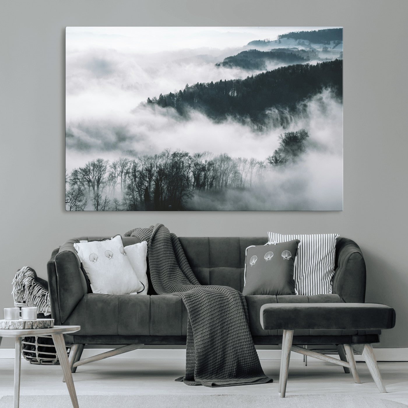 67569654-MGV-CV-36X24-Foggy Forest Wall Art – Mist Covered Hills and Trees Landscape Canvas Print, Moody Nature Photography Decor for Living Room,