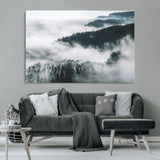 67569654-MGV-CV-36X24-Foggy Forest Wall Art – Mist Covered Hills and Trees Landscape Canvas Print, Moody Nature Photography Decor for Living Room,