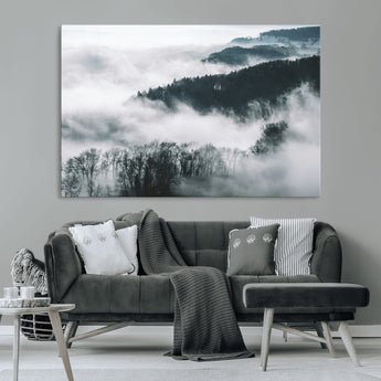 67569654-MGV-CV-36X24-Foggy Forest Wall Art – Mist Covered Hills and Trees Landscape Canvas Print, Moody Nature Photography Decor for Living Room,