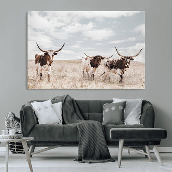 65621083-MGV-CV-36X24-Texas Longhorn Wall Art – Rustic Western Cattle Canvas Print, Southwestern Ranch Photography Decor for Living Room, Office,