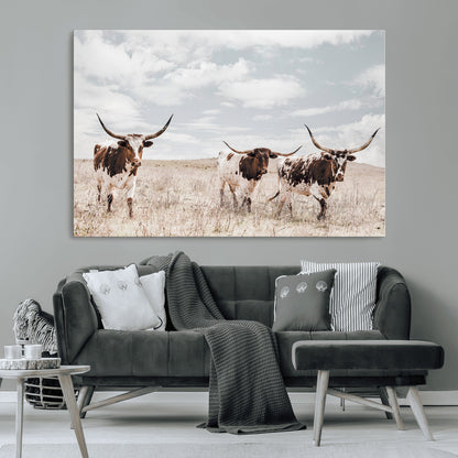 65621083-MGV-CV-36X24-Texas Longhorn Wall Art – Rustic Western Cattle Canvas Print, Southwestern Ranch Photography Decor for Living Room, Office,