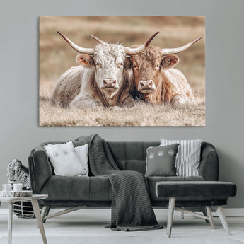 38651722-MGV-CV-36X24-Cow Wall Art – Rustic Longhorn Pair Canvas Print, Western Farmhouse Animal Painting, Country Ranch Decor for Living Room, Bedroom,