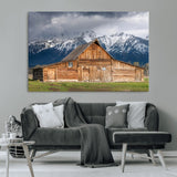 15173627-MGV-CV-36X24-Barn Wall Art – Rustic Wooden Cabin Canvas Print with Snowy Mountain Landscape, Western Farmhouse Country Decor for Living Room,