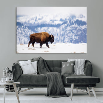 21623194-MGV-CV-36X24-Snow Bison Wall Art – Majestic Buffalo Wildlife Canvas Print, Winter Nature Décor for Rustic Living Room, Farmhouse, Cabin, Lodge