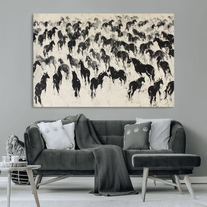 29265745-MGV-CV-36X24-Wild Horse Herd Wall Art – Black and White Galloping Horses Canvas Print, Rustic Western Farmhouse Décor for Living Room, Bedroom,